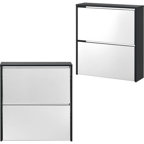 Étagère à chaussures design meuble de rangement 2 compartiments stockage pour 6 paires façade miroir panneaux de particules mélaminés 67 x 63 x 17 cm noir (1/4)