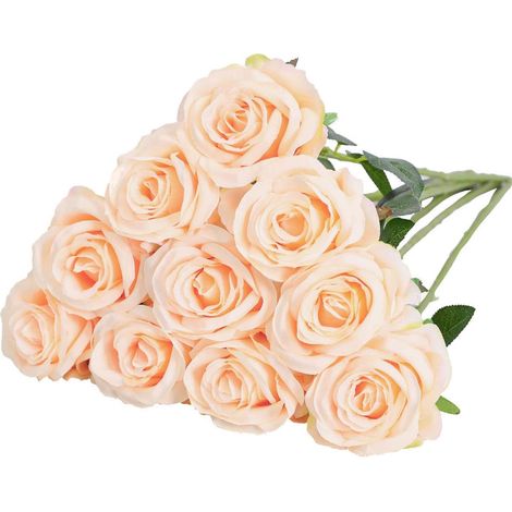 Rose artificielle en soie, tige unique, fausse fleur réaliste pour bouquet de mariage, compositions florales, décoration de maison, centre de table, 10 pièces (Champagne) (1/5)