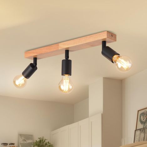 Ceiling Light with 3 LED Spotlights, E27, Black Interior Lights, Wood Ceiling Light with Rectangular Base, Wall Light, Bedroom Wall Light, Dining Room Chandelier (No Bulbs) (1/5)