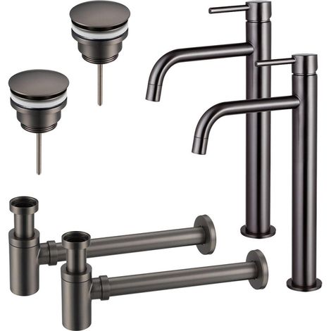 FugaFlow Eccelente Sobrado Slim Kit robinet lavabo - pour double vasque - robinet rehaussé - bonde clic clac - siphon design bas - Gunmetal PVD (1/4)