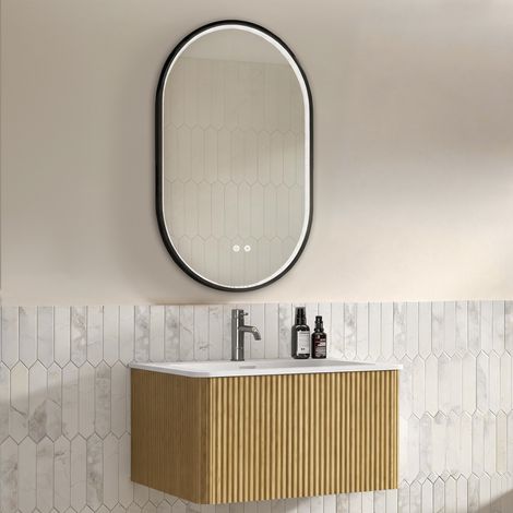 Conjunto de muebles de baño con espejo, mueble de lavabo de 80 cm con mueble bajo, armario de baño suspendido, premontado, acabado en roble, espejo ovalado de 50 x 80 cm con pedrería y marco negro. (1/5)