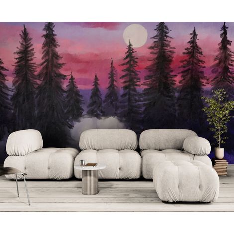 Papier peint Hiver – Forêt sapins nuit violette et lune - 400 x 260 cm (1/2)