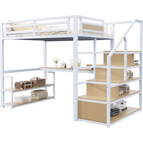 Cama Alta Doble con Escalera, Estantes y Escritorio 140×200 cm, sin Colchón, Blanca (1/5)