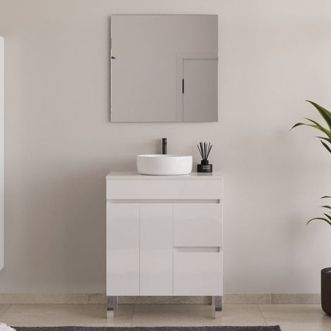 Meuble de salle de bain 70cm sur pieds avec plateau et une cuve à poser ronde - portes et tiroirs - blanc - HARO (1/5)