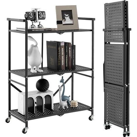 Goplus – Chariot à roulettes pliable 3 niveaux 72,5x33x93,5 cm – Métal noir – 4 roues universelles avec freins – Rangement garage et cuisine (1/5)