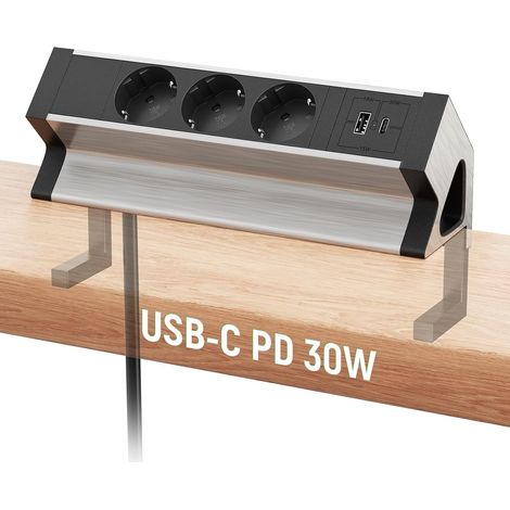 Multiprise Bureau USB C, Multiprise Electrique 3 Prises avec USB, Aluminium Bloc Multiprise Prise Plan de Travail pour Bureau, Cuisine, Bains, Salon, 1,8M Câble (1/5)