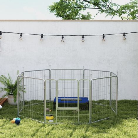 Faltbarer Hundepferch mit 8 Paneelen, 80 cm hoch, mit Tür, Stahl, silberfarben OKMYHOME (1/5)