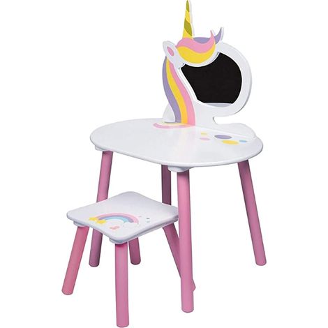 Atmosphera – Coiffeuse enfant Licorne avec miroir – Dimensions L 45 x l 60 x H 80 cm – Matière bois – Couleur blanc et rose (1/6)