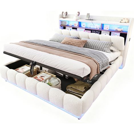 Polsterbett 180 x 200 cm, Doppelbett mit LED, USB und Steckdose, ohne Matratze, Weiß (1/5)