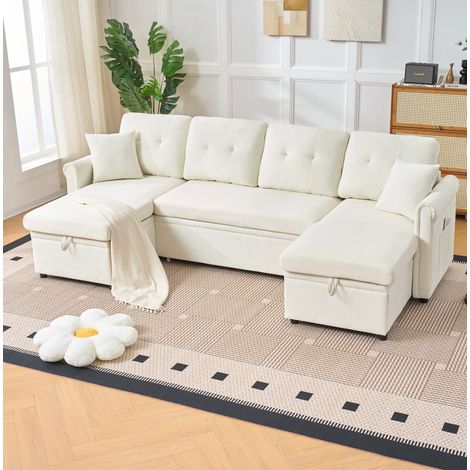 Divano angolare, divano letto, divano da 4 posti con vano portaoggetti, tasche laterali, beige (1/5)