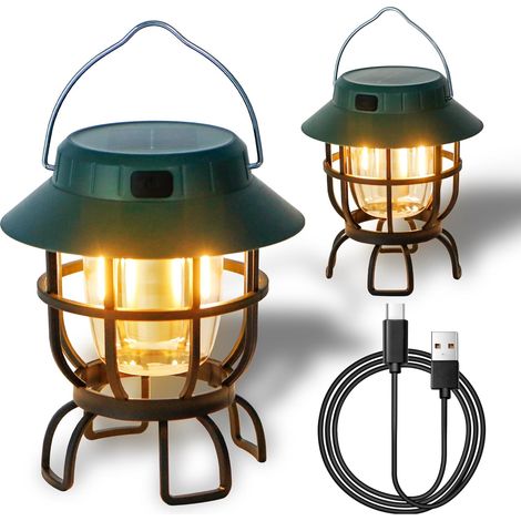 Set of 2 dimmable LED solar camping lanterns, rechargeable, IPX3, waterproof, portable emergency lights for camping, home, power outage, hurricane.