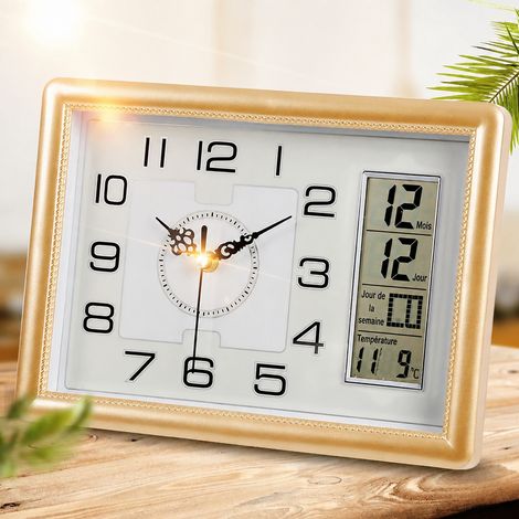 Horloge murale et à poser rectangulaire 12 pouces dorée avec calendrier électronique et température doré 1 g – Livraison gratuite (1/5)