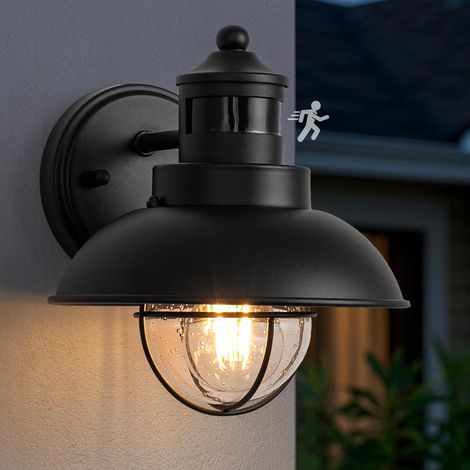 Applique Murale Exterieur avec Détecteur de Mouvement, Porche Lampe Murale en Verre Bullé, E27 Grange Lumière Extérieure avec Capteur de Mouvement, IP44 Luminaire Exterieur Lanterne pour Jardin (1/5)