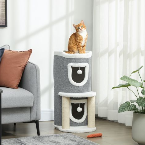 Albero tiragraffi per gatti, 76 cm, con cuccia, 2 grotte, pali in sisal, tappetino da gioco e palline, colore grigio.