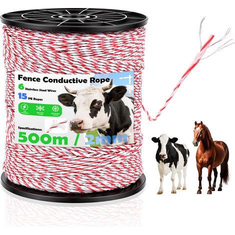 Lisse de Clôture 500 m, 2 mm 6 Torons Acier Inoxydable, Corde Robuste, Haute Conductivité Câble de Clôture pour Chiens, Chevaux, Bovins, Moutons (Blanc-Rouge) (1/5)