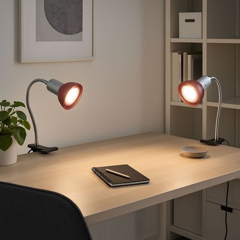 Lampe à pince, argent Lampe à pince Lampe à pince LED avec prise, lampe de table, liseuse, spot mobile, métal couleur titane, verre rouge, 1x LED 3W 250Lm 3000K, HxLxP 34x9x6,1 cm, lot de 2