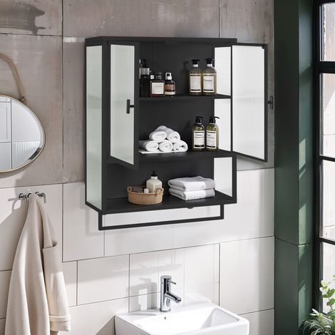 Portes en verre de 60 cm. Meuble moderne à deux portes, conçu pour permettre un rangement en deux niveaux Idéal pour l’entrée, le salon, la salle de bains, la cuisine… Couleur noire.