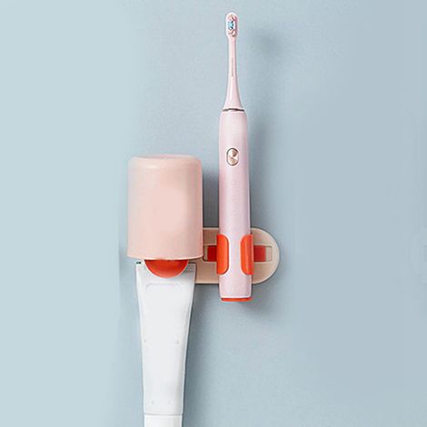 Multifunktionaler, wandmontierter Zahnbürstenhalter fürs Badezimmer, Ablage mit Becher, rosa und orange (1/5)
