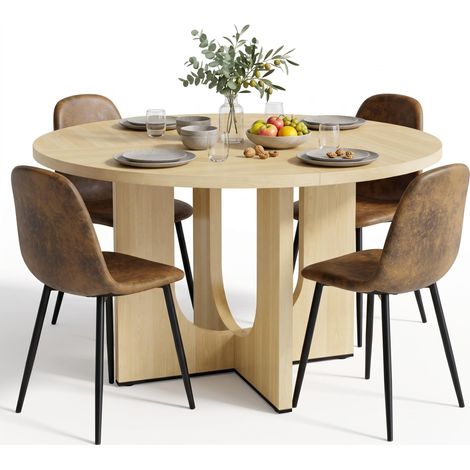 FurnitureR 5-Piece Dining Set, Ø120CM Light Wood Round Table & 4 Brown Suede Chairs (1/5)