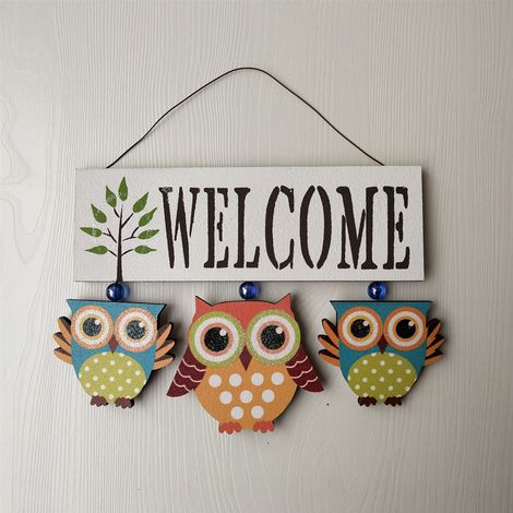 Plaque de bienvenue hibou en bois à suspendre pour porte d’entrée (bleu)