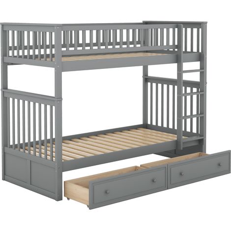 Lit superposé 90x200 cm convertible en deux lits banquettes, avec 2 tiroirs de rangement, sécurité renforcée et structure bois/MDF gris - CHICFURN (1/5)