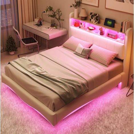 MEUBLIV Lit adulte double 140 x 200 cm – lit rembourré flottant avec LED ports USB et Type C – rangement tête de lit beige – design incurvé (1/5)