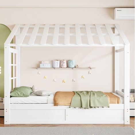 Cama infantil casa (90x200x180.5 cm), con almacenamiento hidráulico y estantes laterales, madera, blanca (1/5)