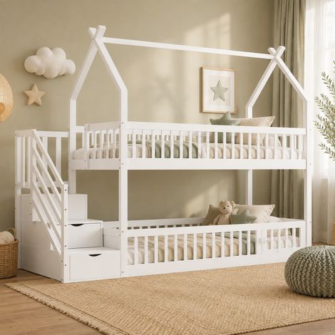 Litera de madera blanca 90x200 cm con almacenaje para dormitorio infantil -FLORAGRACE (1/5)