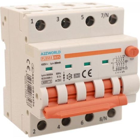 RCBO Interruttore Magnetotermico Differenziale Con Doppia Leva Tipo A Curva B 4P 4M 6000A 30mA, Diagnostica Visiva, B25A  AC 400V IP20 IEC61009-1 PL8M4 4P