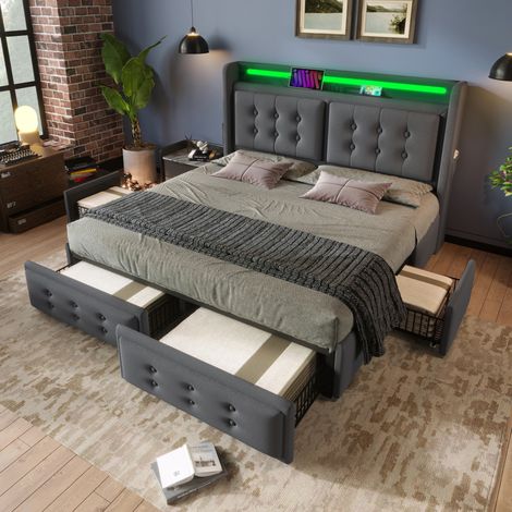 Lit rembourré moderne 180x200 cm gris en coton-lin avec tête de lit, LED, USB-C, 4 tiroirs et sommier à lattes (1/5)