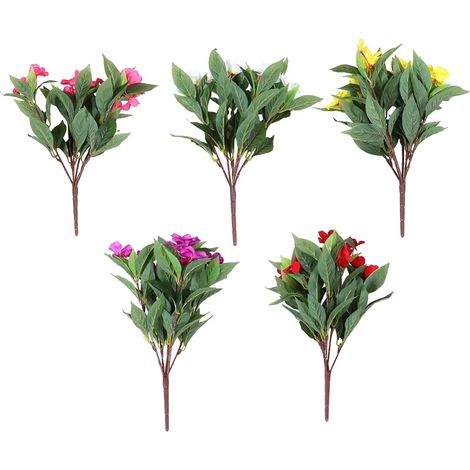 5pièces Lot de Fleurs Impatiens Artificielles pour Extérieur Faux Buissons Fleurs et Feuillage Artificiels pour Décoration de Terrasse Pot et Panier Suspendu (1/5)