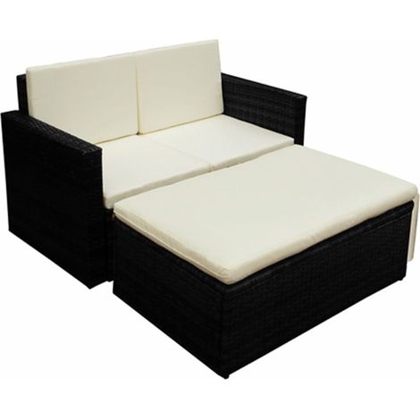 Vidaxl – Salon de jardin 2 places en rotin PE noir – Ensemble avec coussins confortables – Cadre en acier résistant aux intempéries – Tabouret pliable inclus