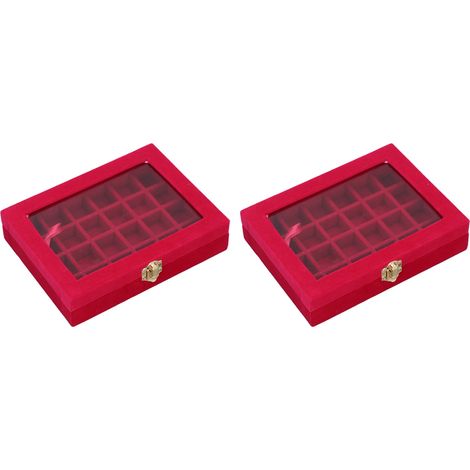 Lot de 2 boîtes de rangement à bijoux en velours, 24 compartiments, avec couvercle transparent, pour boucles d'oreilles, bagues, bracelets et broches. (1/5)