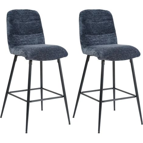Lot 2 tabourets de bar rembourré tissu doux bleu pied métal - JULIE (1/5)