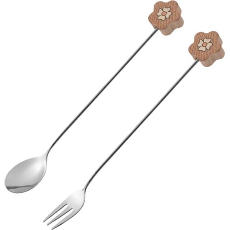 Ensemble de 2 pièces : fourchette et cuillère. Acier inoxydable. Manche en bois d’érable blanc orné de petits motifs floraux. Peut servir de cuillère à café, de cuillère à miel, etc. (voir photo). (1/4)