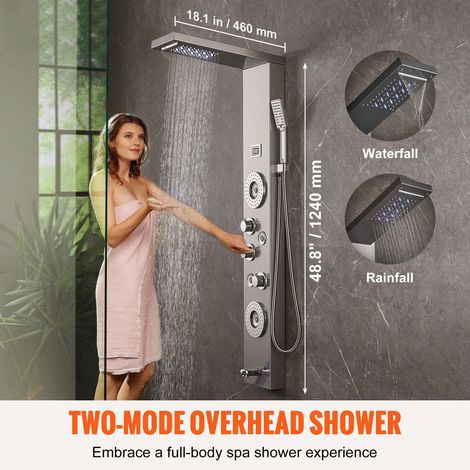 Colonne de douche inox 304 murale, 6 fonctions, écran et LED, pluie et cascade, 4 jets massage corps, robinet bain, douchette main 1.5m, set douche (1/5)