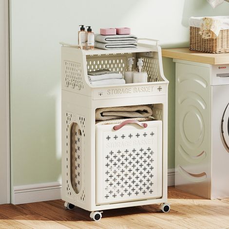 Panier à linge roulant, panier à linge en plastique pliable multi-niveaux avec étagère supérieure - beige (1/5)