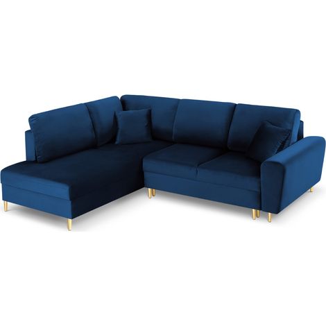 Canapé d'angle gauche convertible + box 5 places velours bleu roi (1/5)