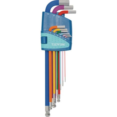 Juego  de  destornilladores  angulares  9  piezas  con  soporte  de  plástico,  anchos  de  llave  1,5-10  mm,  largos,  codificados  por  colores,  con  cabeza  esférica  TW. (1/4)