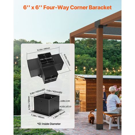Kit Supports de Pergola, Lot de 4, Support de Poteau Bois 142x142 mm, 2 Supports d'Angle 4 Voies, 2 Bases de Poteaux, Acier au Carb… (1/5)