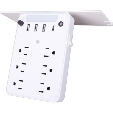 Multipresa a muro con mensola, luce notturna, protezione da sovratensione, 4 porte USB, 6 prese di corrente, per uso domestico. (1/5)