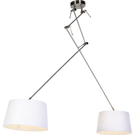 QAZQA Rústico Lámpara colgante de acero con pantallas de lino blanco 35 cm 2 luces - Blitz Acero /Lino Cilíndra /Alargada /Redonda Adecuado para LED Max. 2 x 60 Watt