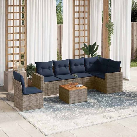 Set de sofás de jardín 7 pzas con cojines ratán sintético gris vidaXL (1/5)