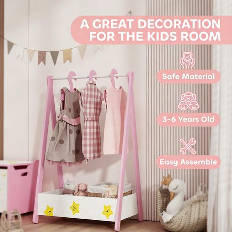 Kids Clothes Rack with Hangers, Storage Shelf for Bedroom, Suitable for Children 3-6 Years Old,Pink Themed (1/5)