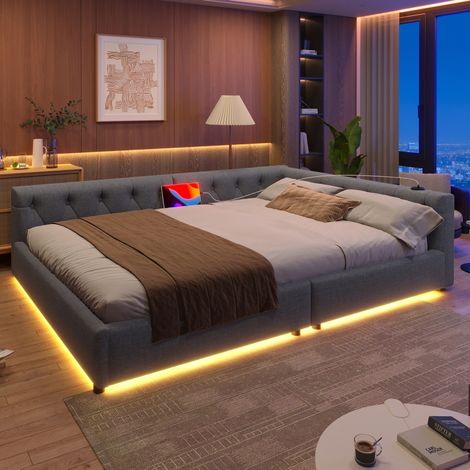 sofá cama 140x200 con USB y LED en lino gris DESVIAE (1/5)