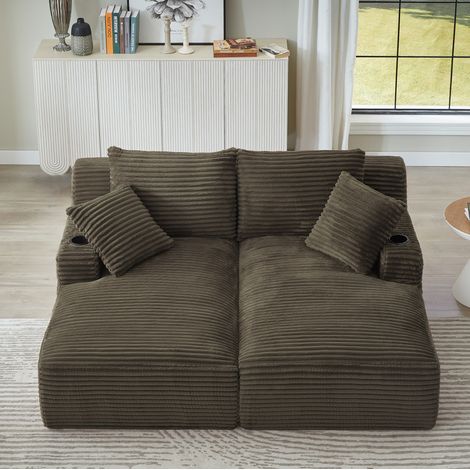 Divano doppia chaise longue in tessuto a coste marrone con portabicchieri – MEUBLIV (1/5)