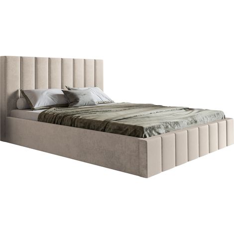 Lit 180x200 cm Moris - Tiroir de Lit, Tissu Velours & Sommier - Moderne Lit Double Chambre à coucher (Beige - Jasmine 21)