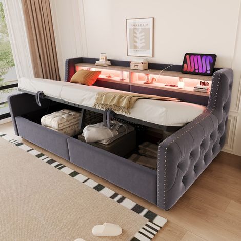 Lit coffre 90x200cm - Lit Simple 90x200 - Lit banquette avec rangements, LED, prises USB et Type-C - Velours Gris Foncé (1/5)