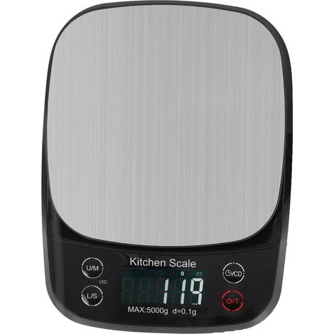 Wasserdichte digitale Küchenwaage aus Edelstahl, schwarz, wiederaufladbar über USB, Genauigkeit 0,1 g, Kapazität 5 kg, eingebauter Akku und Kabel im Lieferumfang enthalten, Batterien nicht im Lieferum (1/5)
