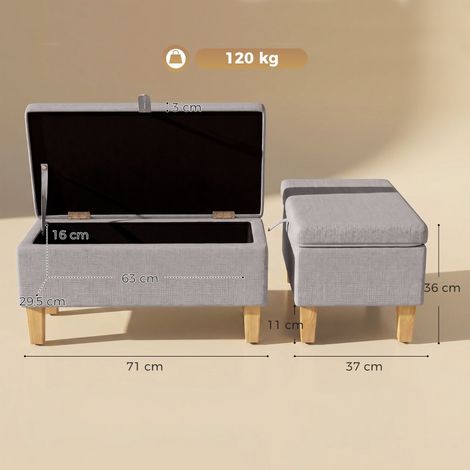 Banc coffre avec rangement en lin, repose-pieds capitonné, pieds caoutchouc, gris clair, rangement intégré, assise confortable, meuble d'entrée ou salon (1/5)